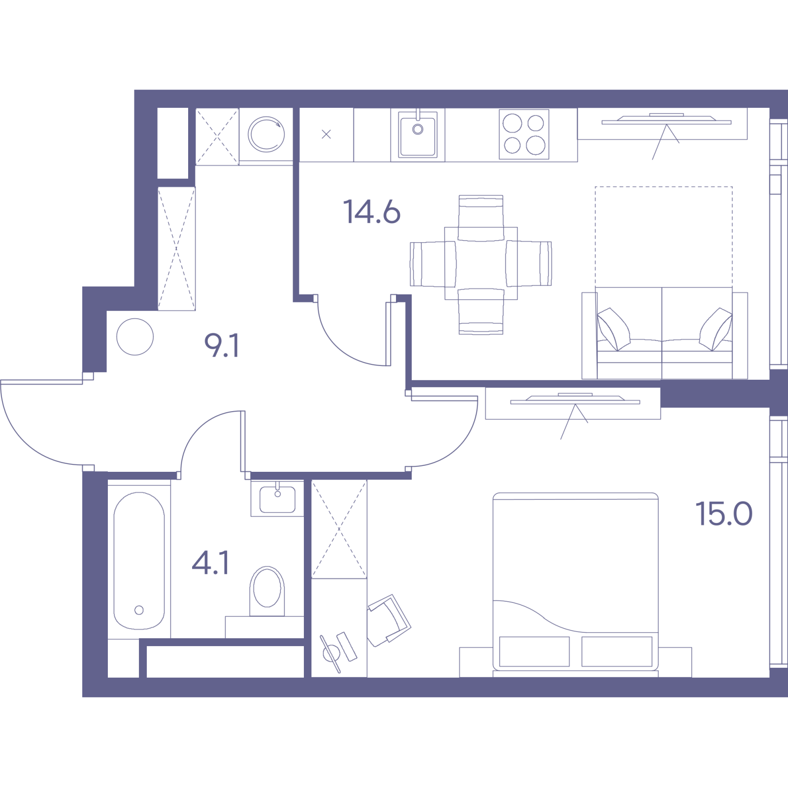 Планировка: 2-комнатная квартира, 42,8 м²
