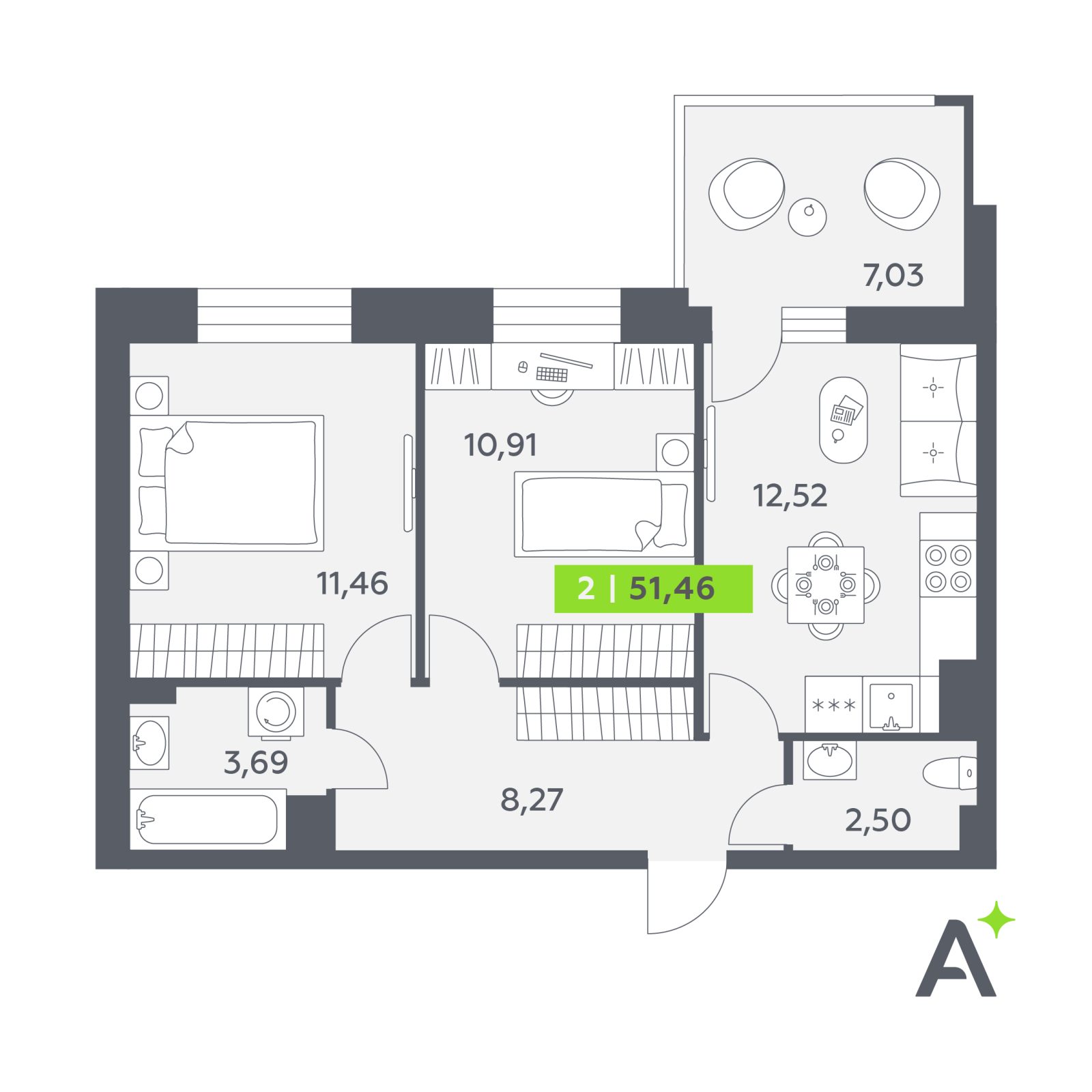 Планировка: 2-комнатная квартира, 51,5 м²