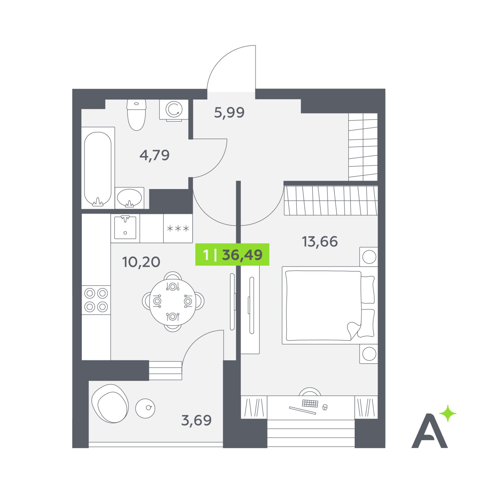 Планировка: 1-комнатная квартира, 36,5 м²