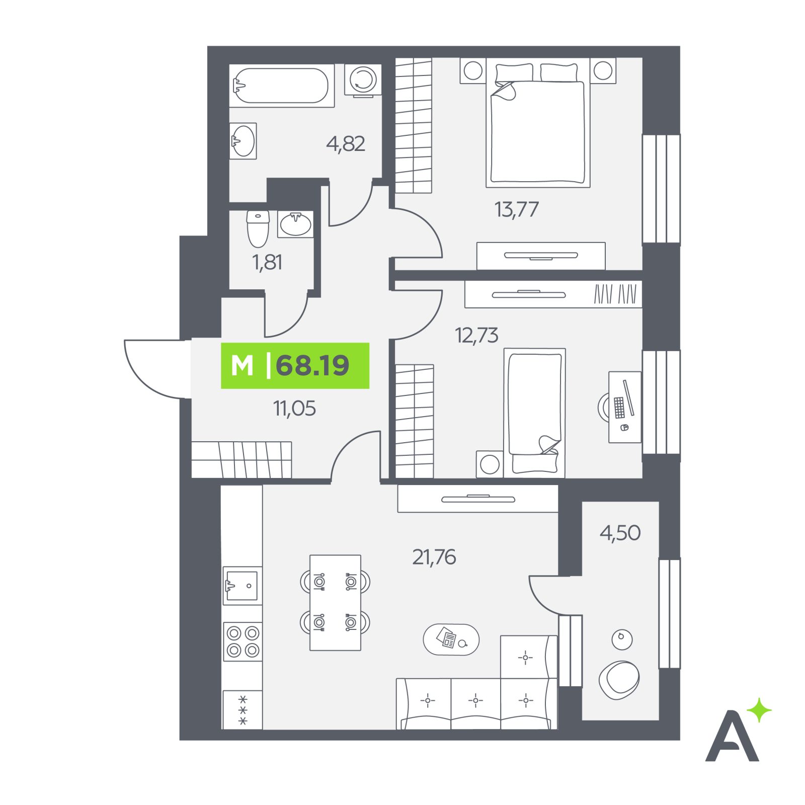 Планировка: 3-комнатная квартира, 68,2 м²