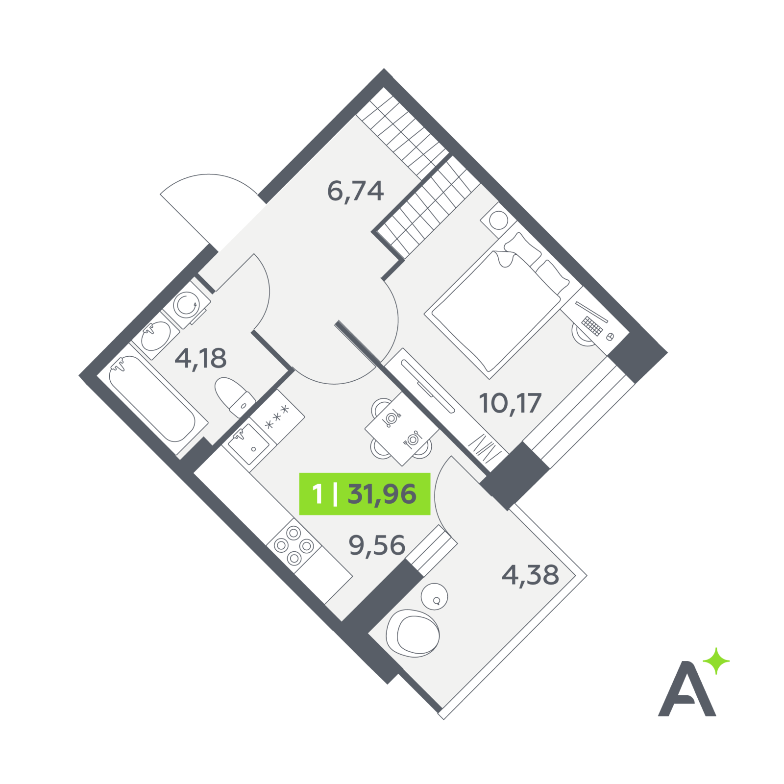 Планировка: 1-комнатная квартира, 32,0 м²