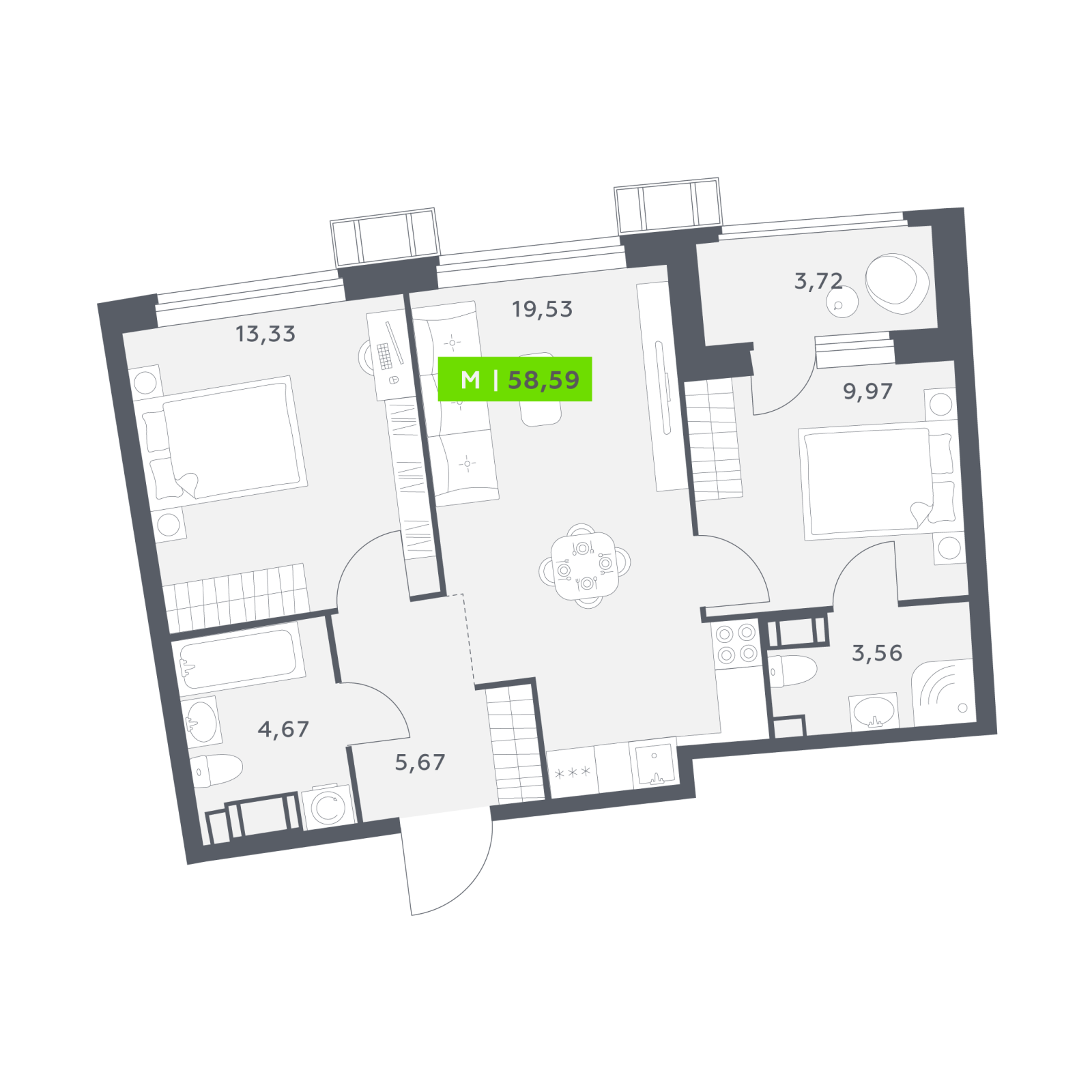 Планировка: 3-комнатная квартира, 58,6 м²