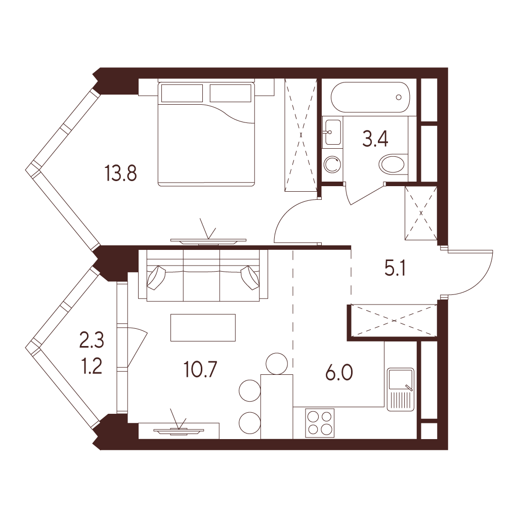 Планировка: 2-комнатная квартира, 40,2 м²