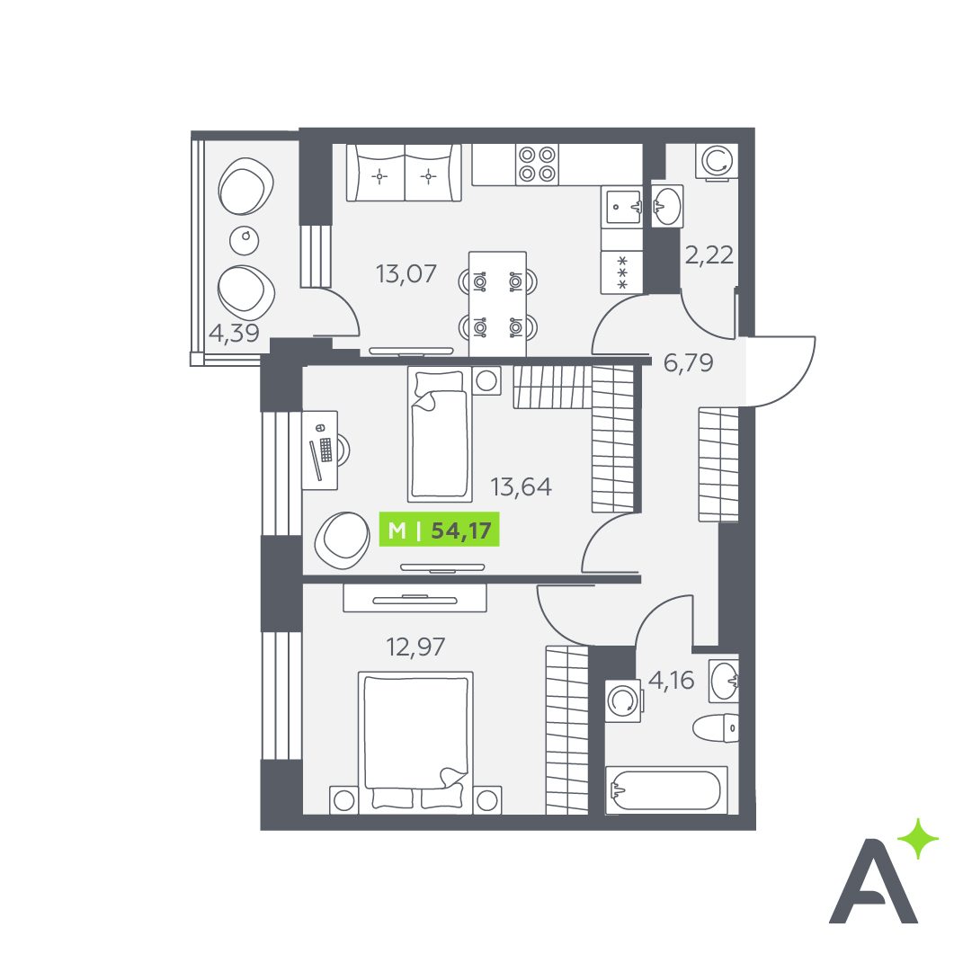 Планировка: 3-комнатная квартира, 54,2 м²
