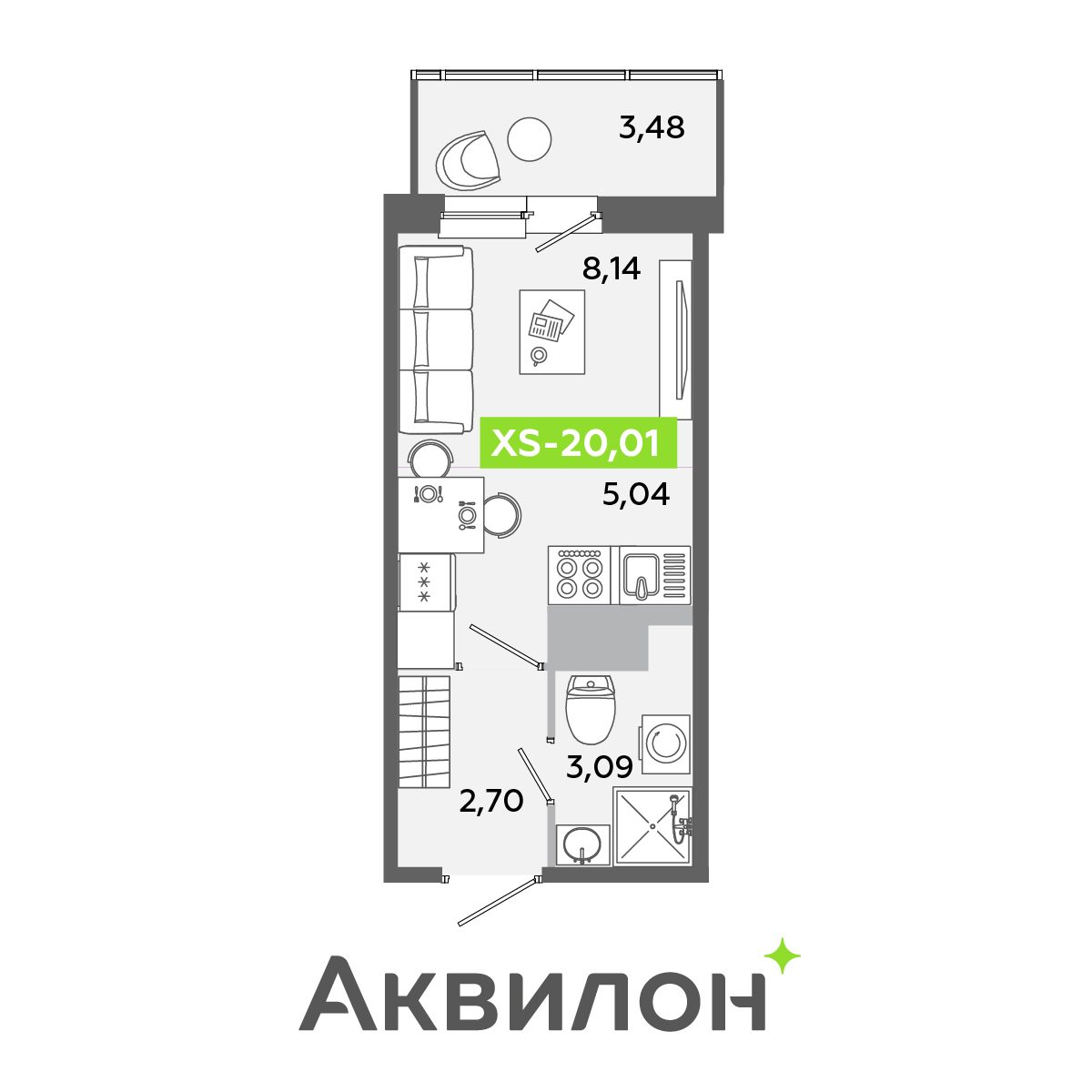 Планировка: студия, 20,0 м²