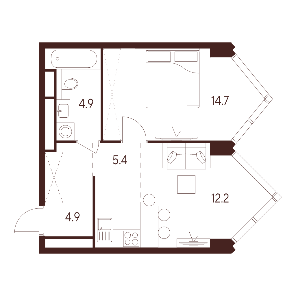 Планировка: 2-комнатная квартира, 42,1 м²