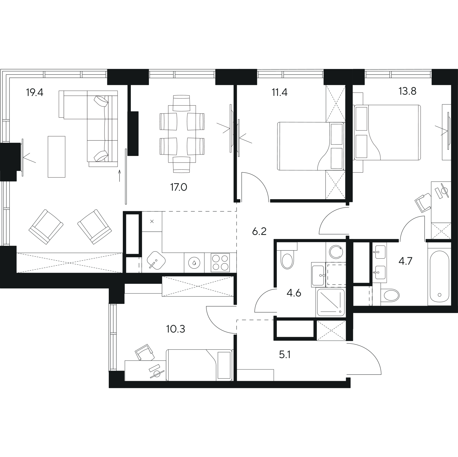 Планировка: 5-комнатная квартира, 92,5 м²