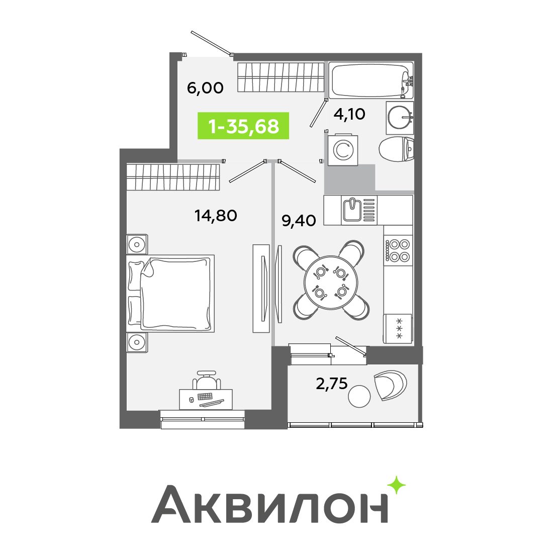 Планировка: 1-комнатная квартира, 35,7 м²