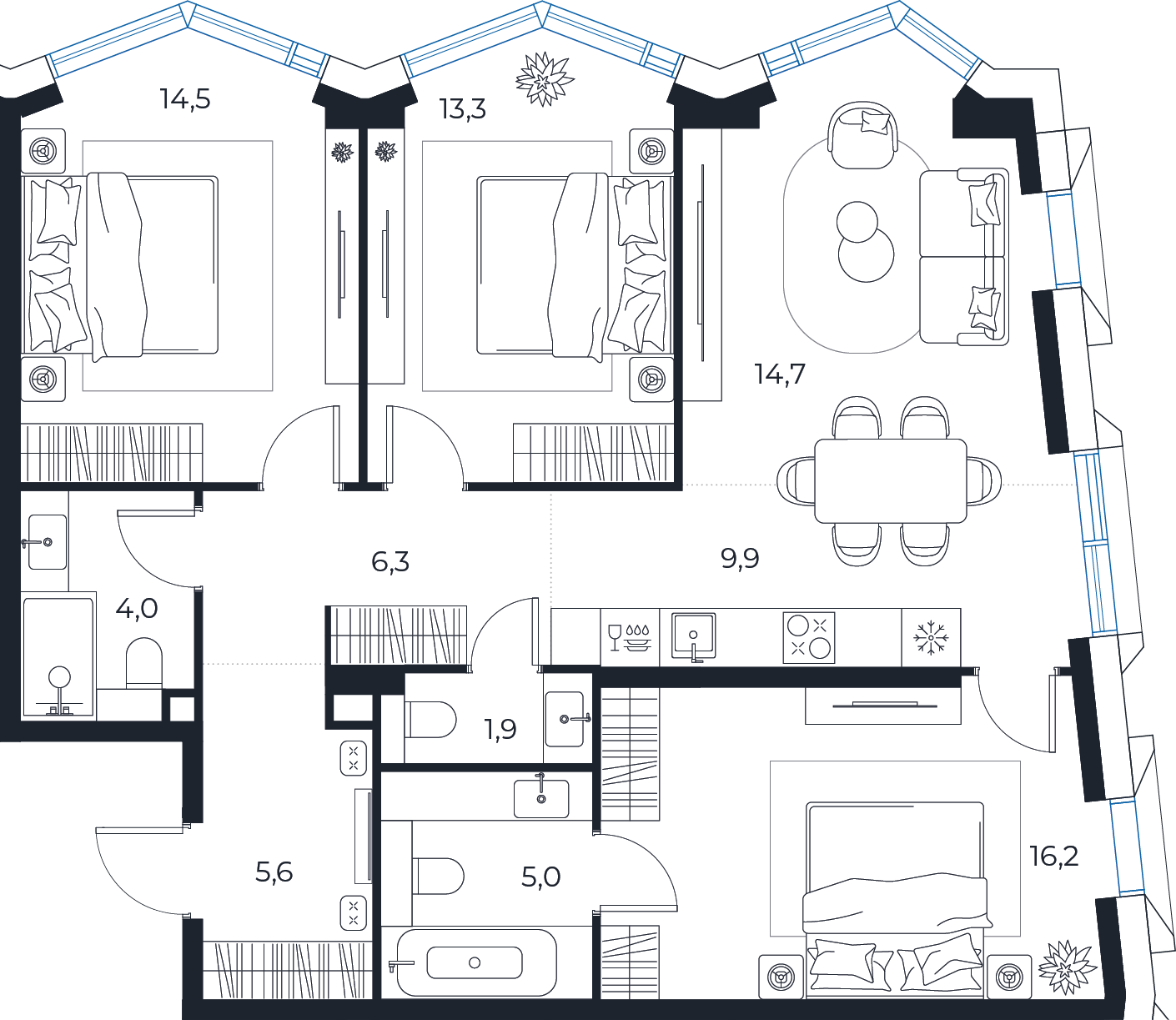 Планировка: 3-комнатная квартира, 91,4 м²