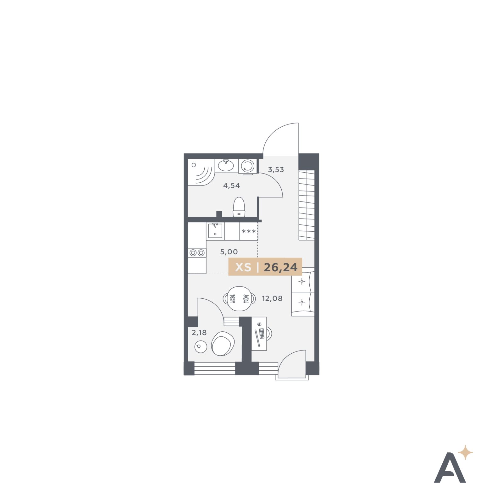 Планировка: студия, 26,2 м²