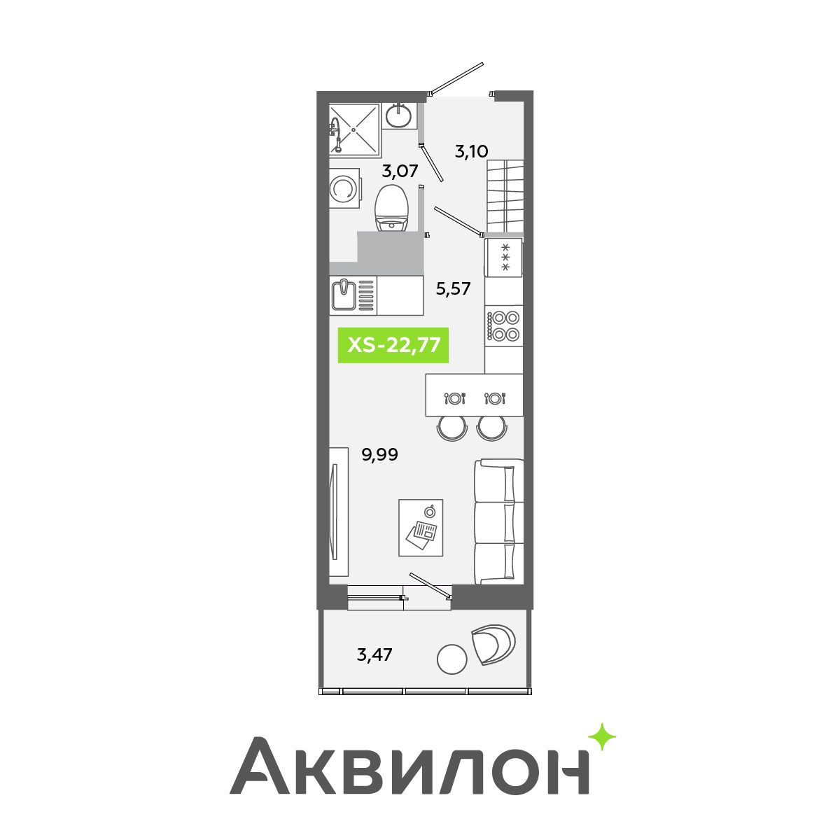 Планировка: студия, 22,8 м²