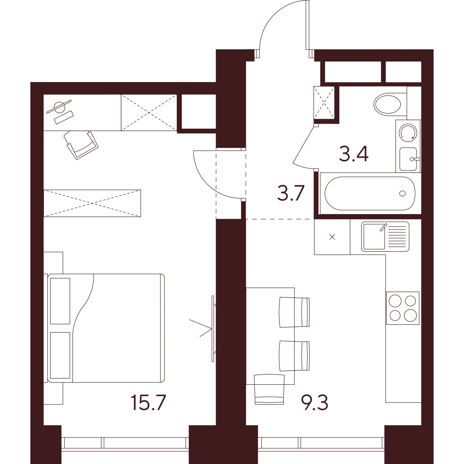 Планировка: 1-комнатная квартира, 32,1 м²