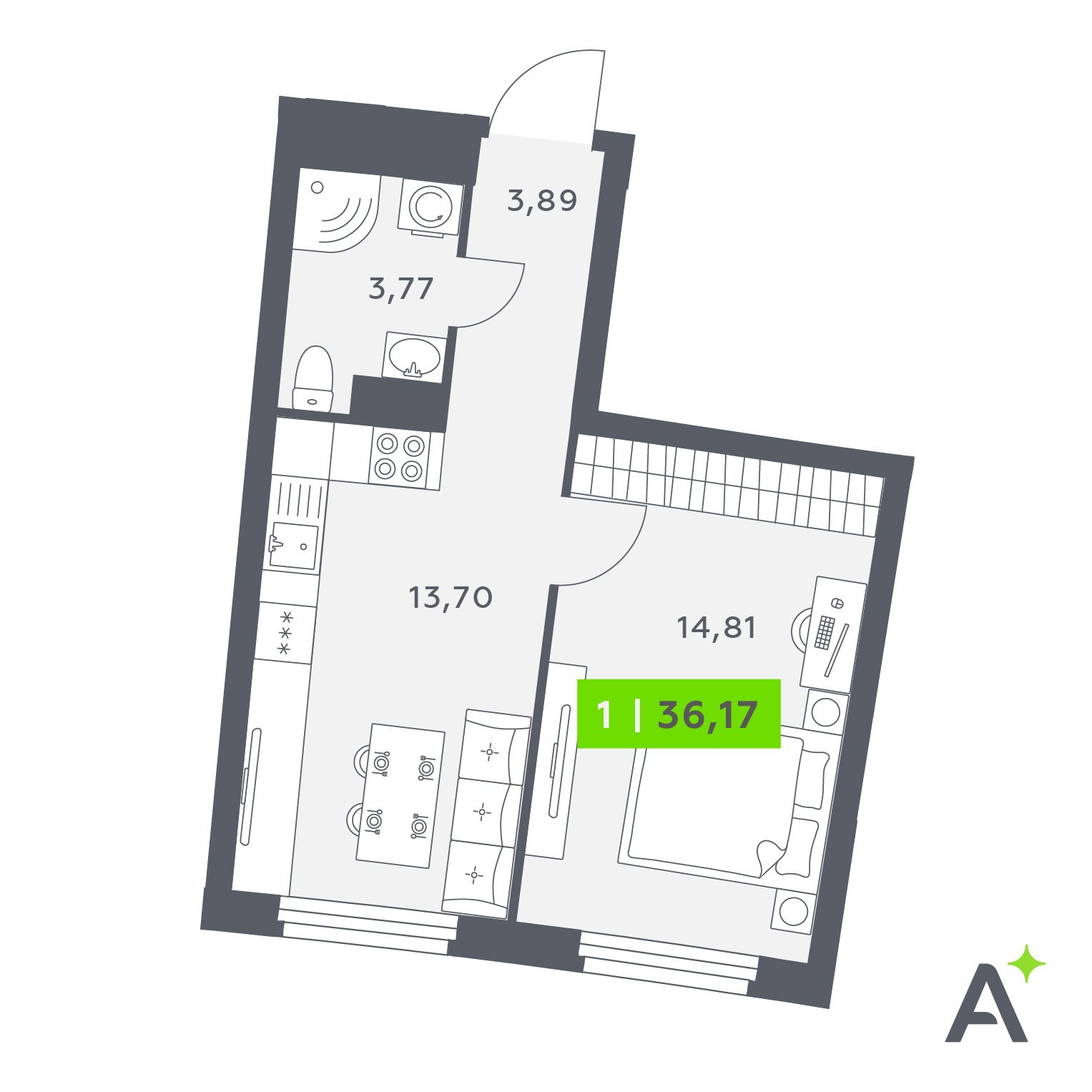 Планировка: 1-комнатная квартира, 36,2 м²