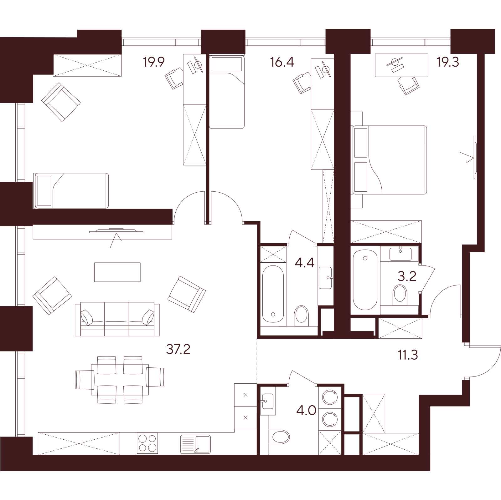 Планировка: 4-комнатная квартира, 115,7 м²
