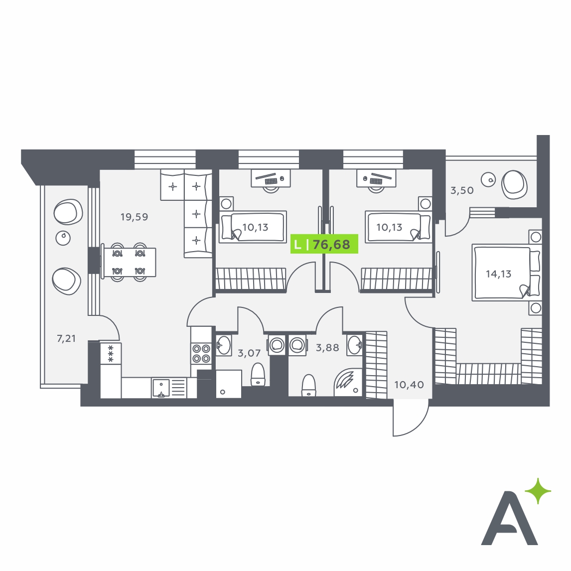 Планировка: 4-комнатная квартира, 76,7 м²