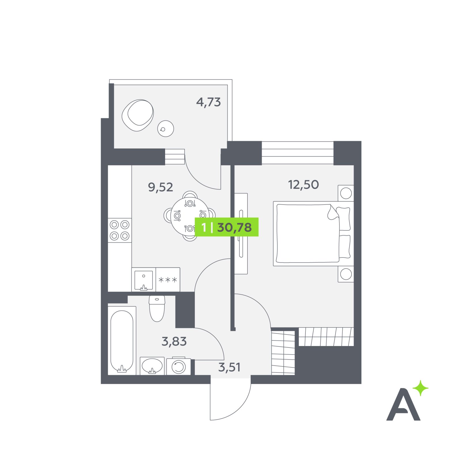 Планировка: 1-комнатная квартира, 30,8 м²