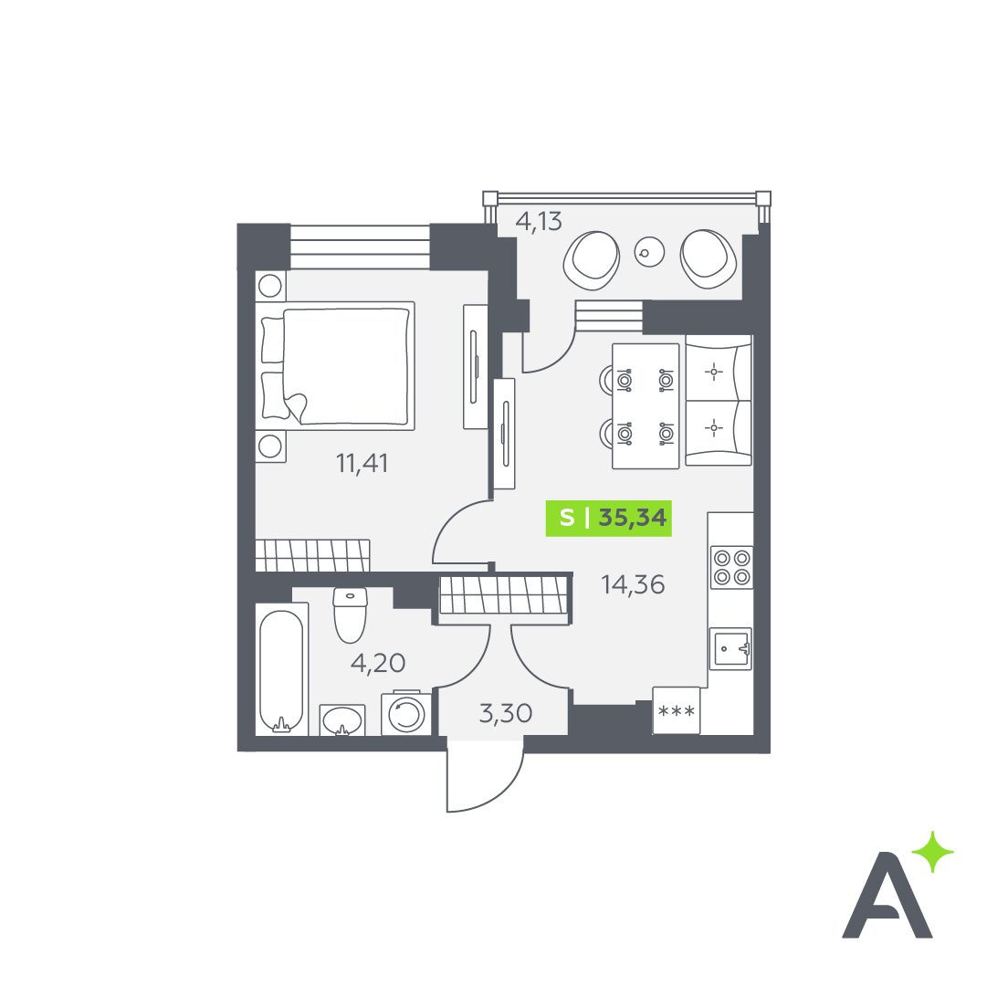 Планировка: 2-комнатная квартира, 35,3 м²