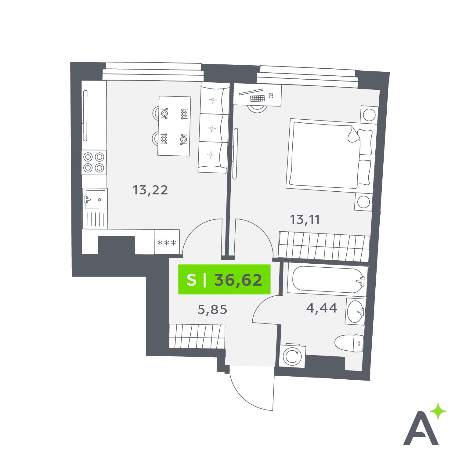 Планировка: 2-комнатная квартира, 36,6 м²