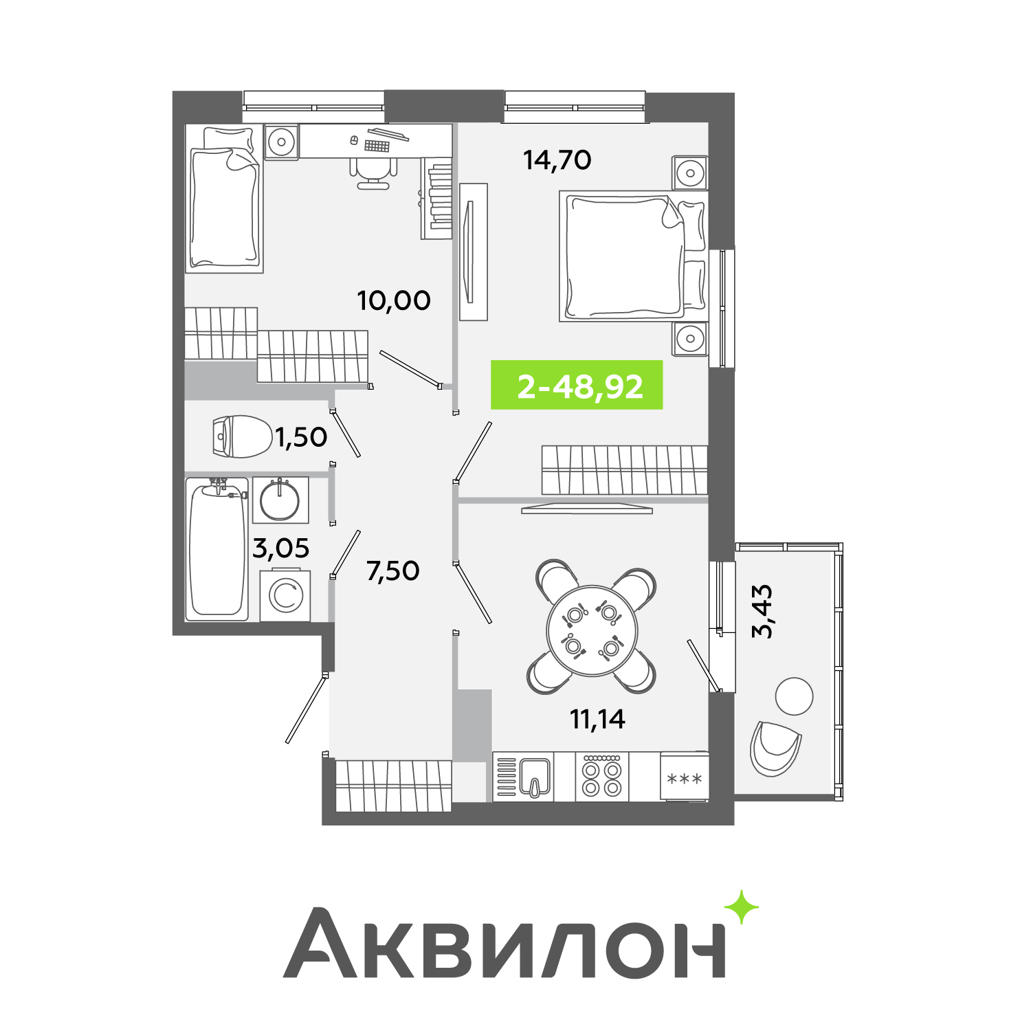 Планировка: 2-комнатная квартира, 48,9 м²