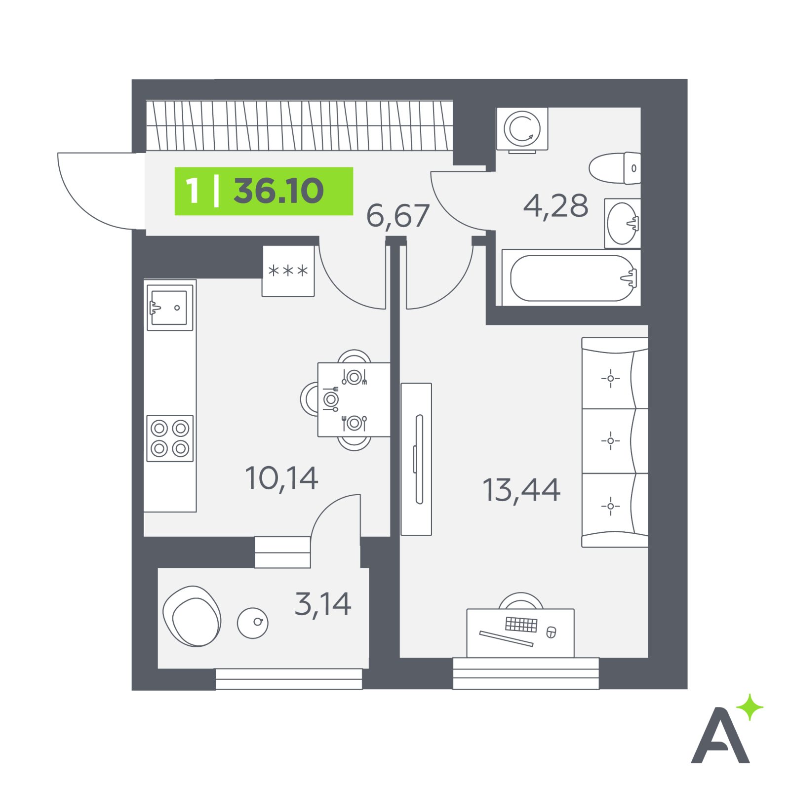 Планировка: 1-комнатная квартира, 36,1 м²