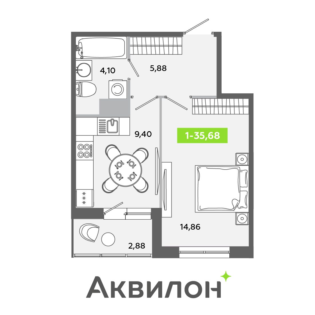 Планировка: 1-комнатная квартира, 35,7 м²
