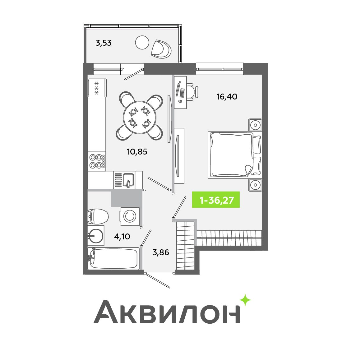 Планировка: 1-комнатная квартира, 36,3 м²