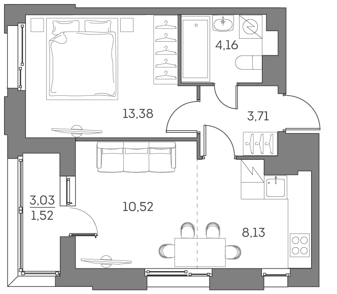 Планировка: 2-комнатная квартира, 41,4 м²