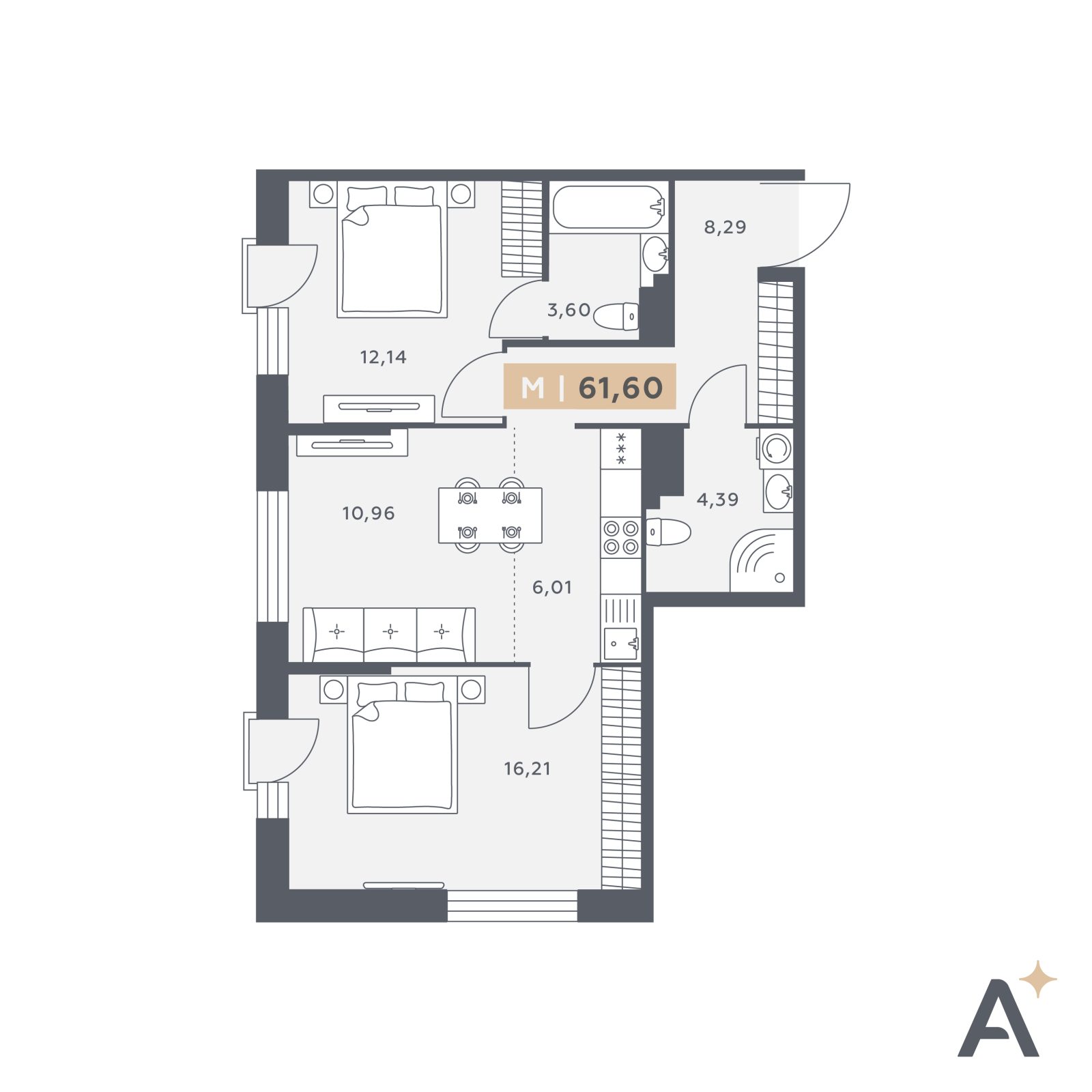 Планировка: 3-комнатная квартира, 61,6 м²