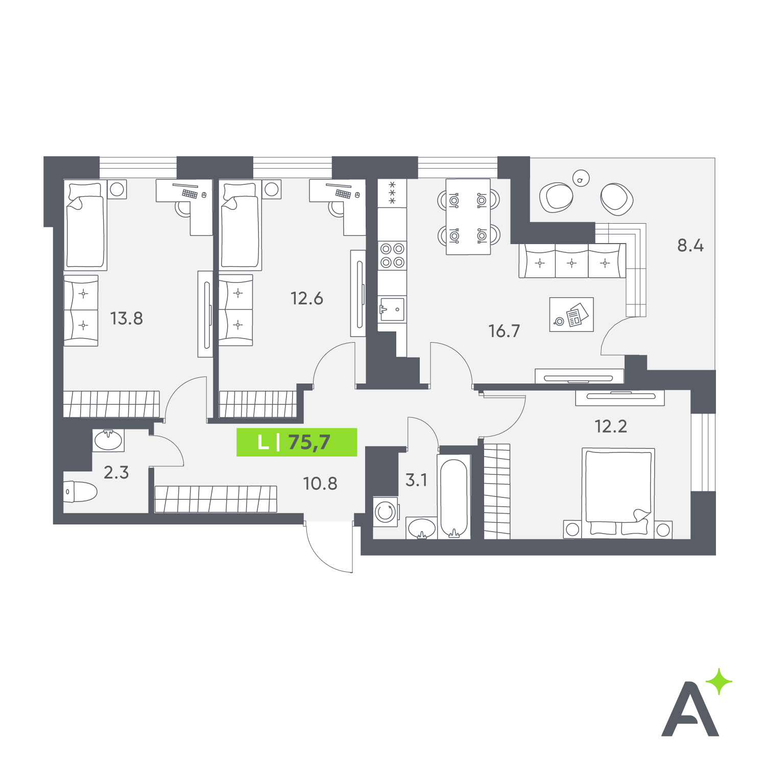 Планировка: 4-комнатная квартира, 75,7 м²