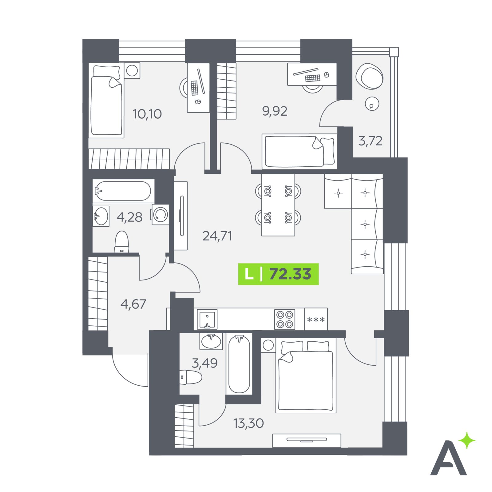 Планировка: 4-комнатная квартира, 72,3 м²