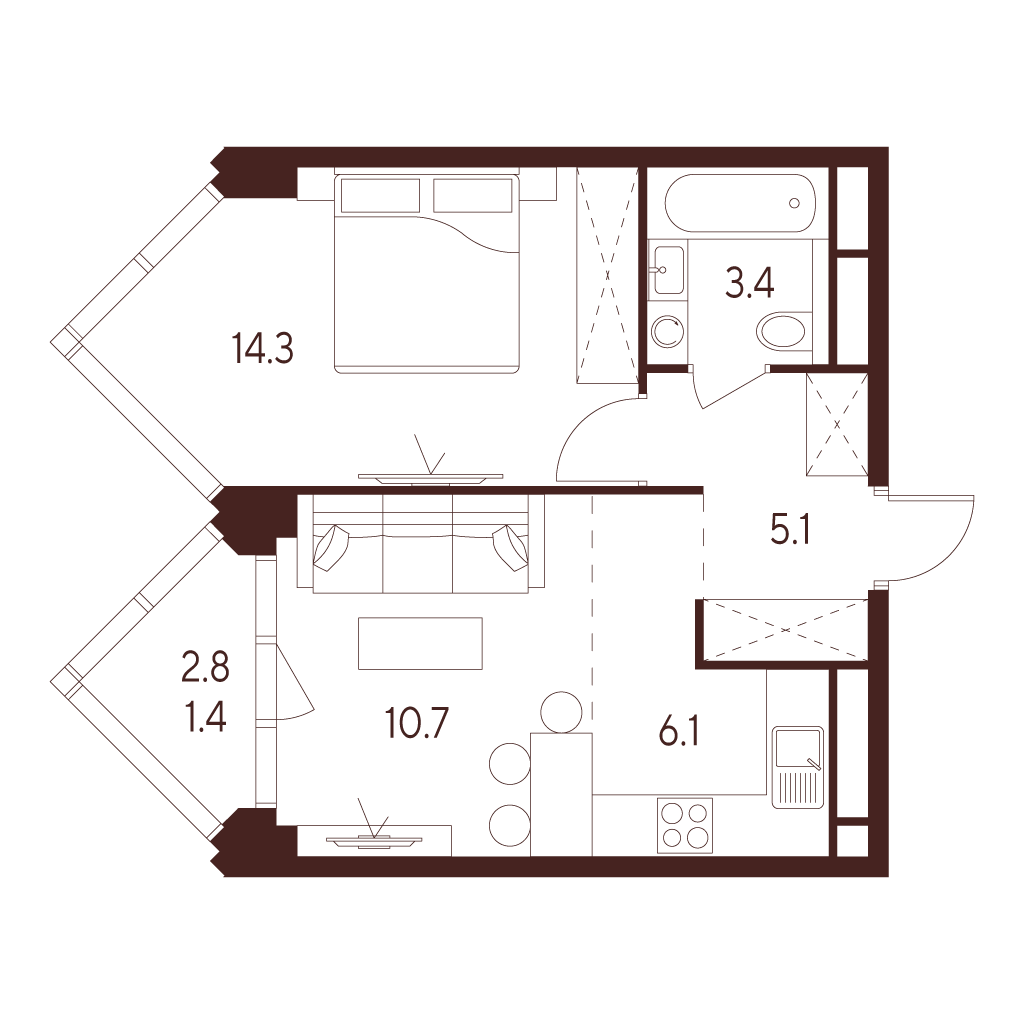 Планировка: 2-комнатная квартира, 41,0 м²
