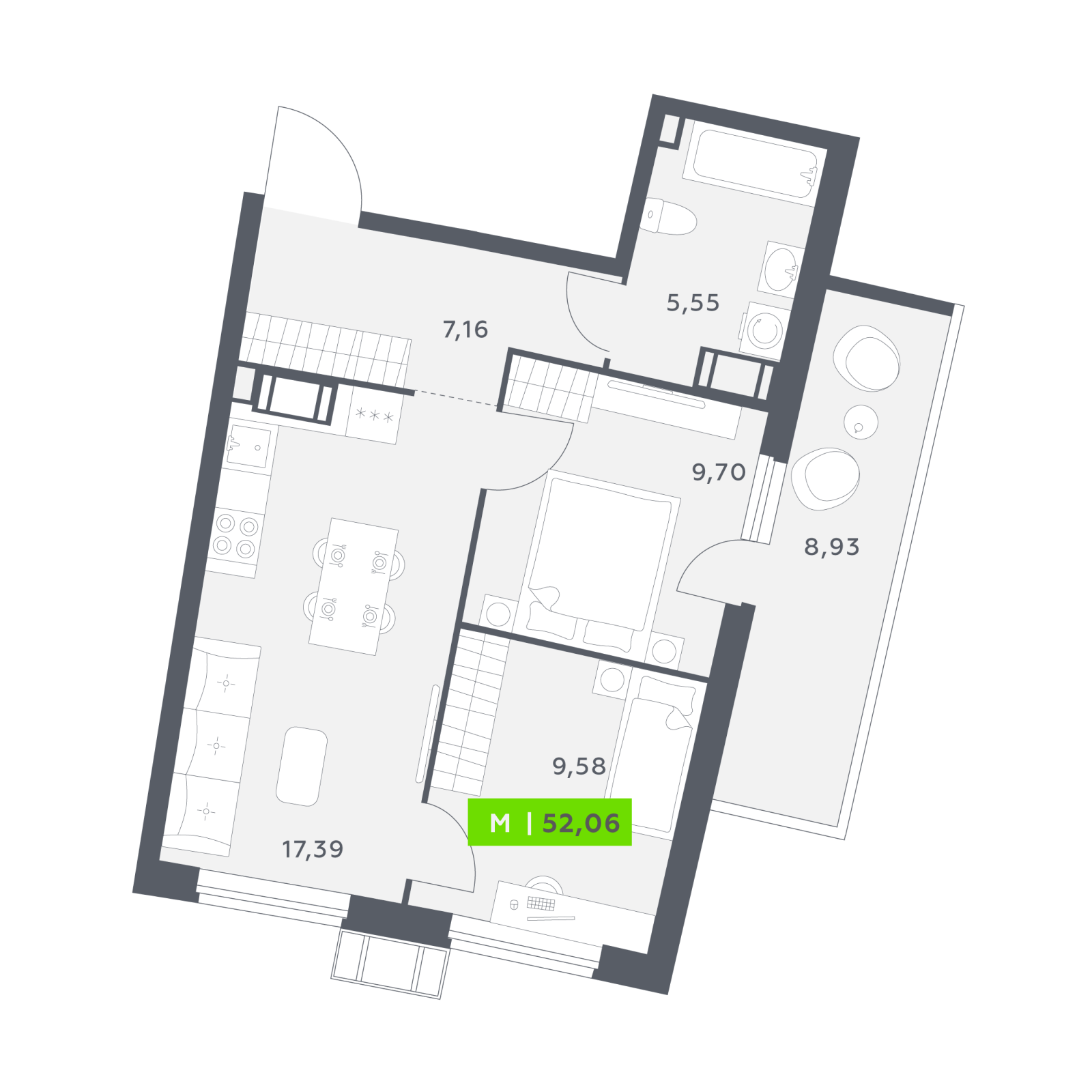 Планировка: 3-комнатная квартира, 52,1 м²