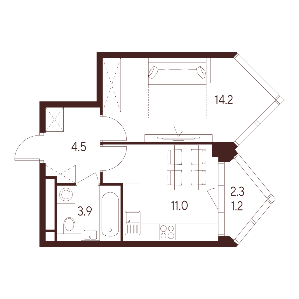 Планировка: 1-комнатная квартира, 34,8 м²