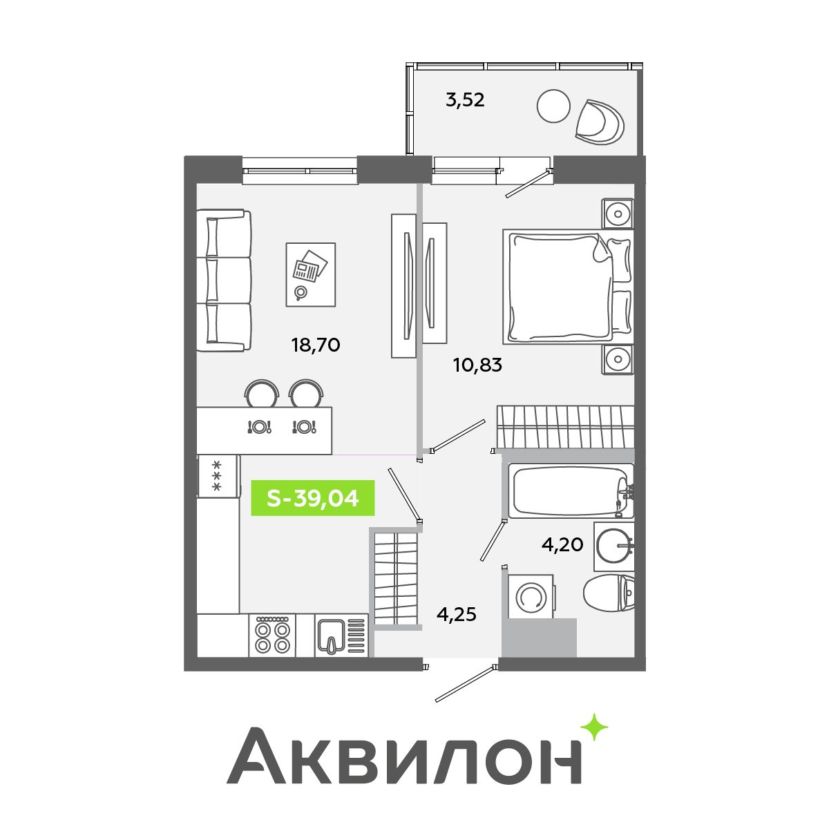 Планировка: 2-комнатная квартира, 39,0 м²