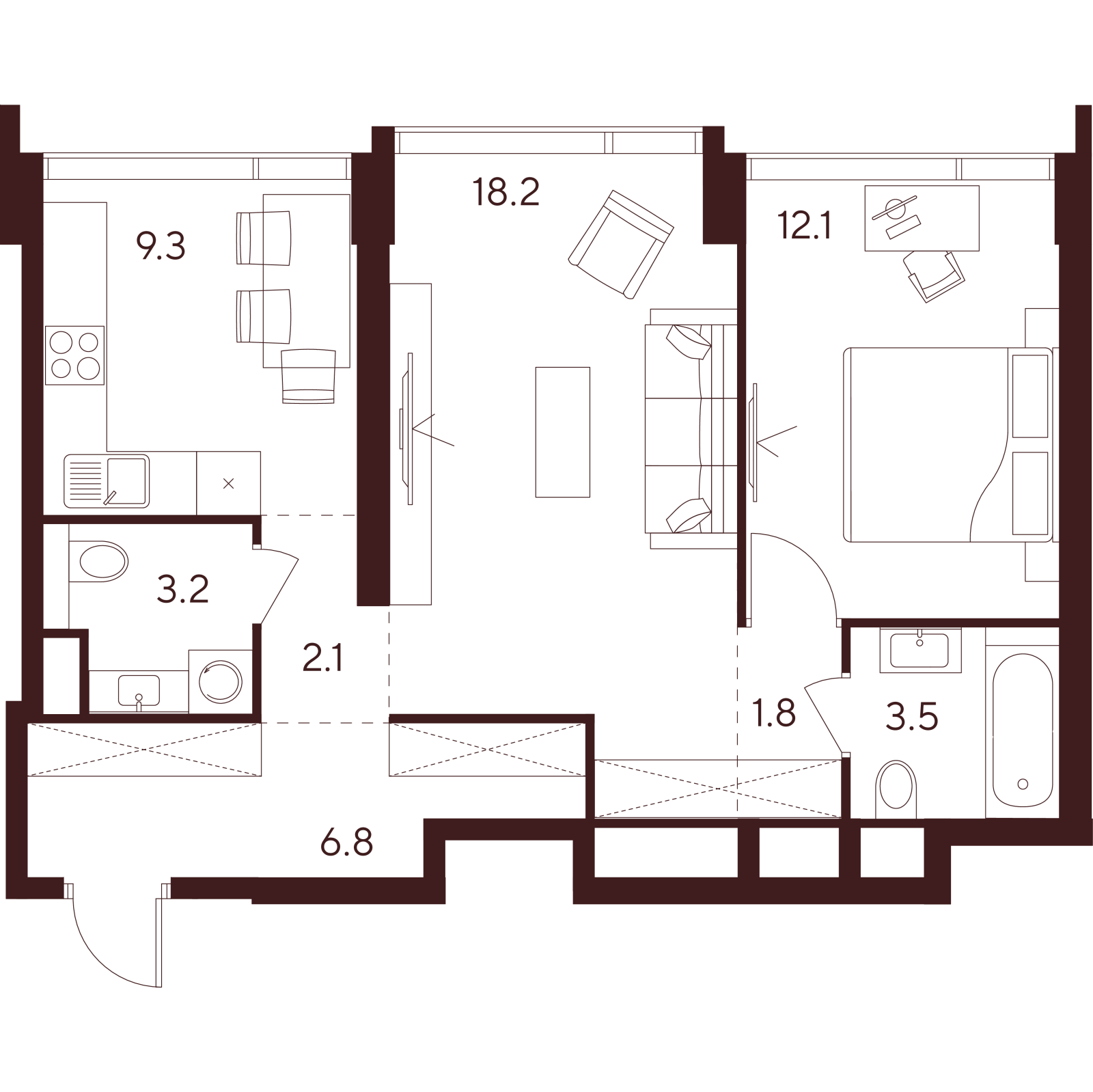 Планировка: 2-комнатная квартира, 57,0 м²