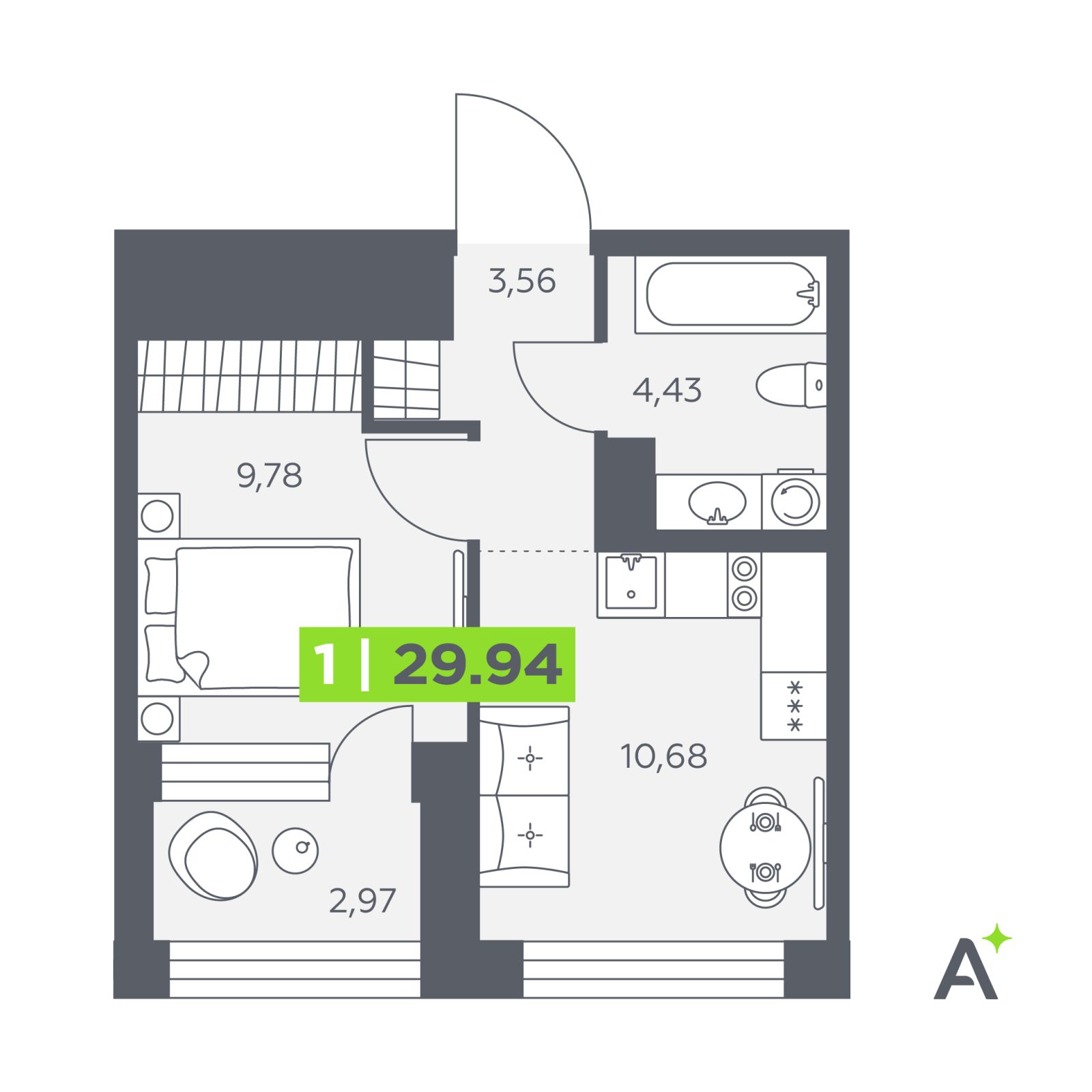 Планировка: 1-комнатная квартира, 29,9 м²