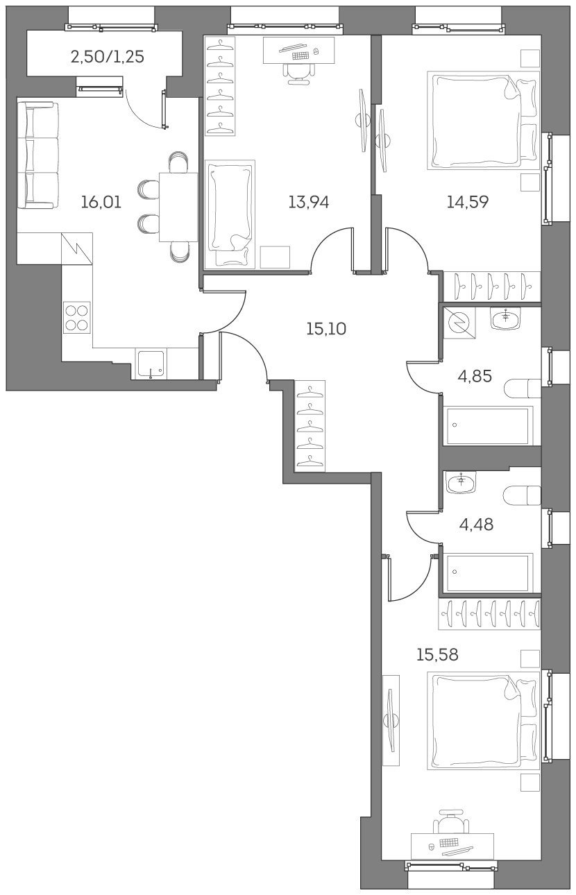Планировка: 4-комнатная квартира, 85,8 м²