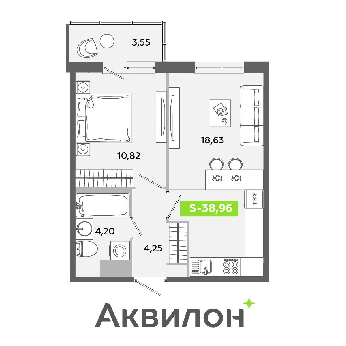 Планировка: 2-комнатная квартира, 39,0 м²