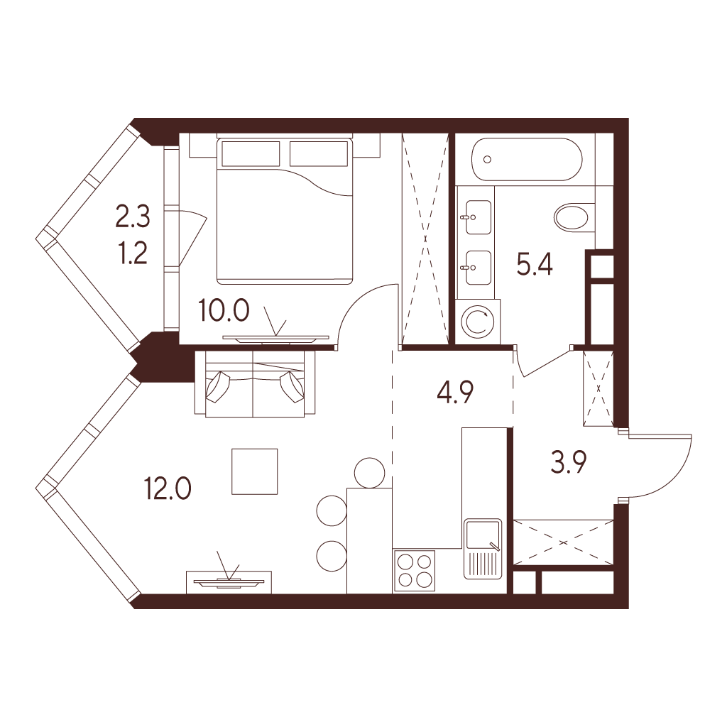 Планировка: 2-комнатная квартира, 37,4 м²