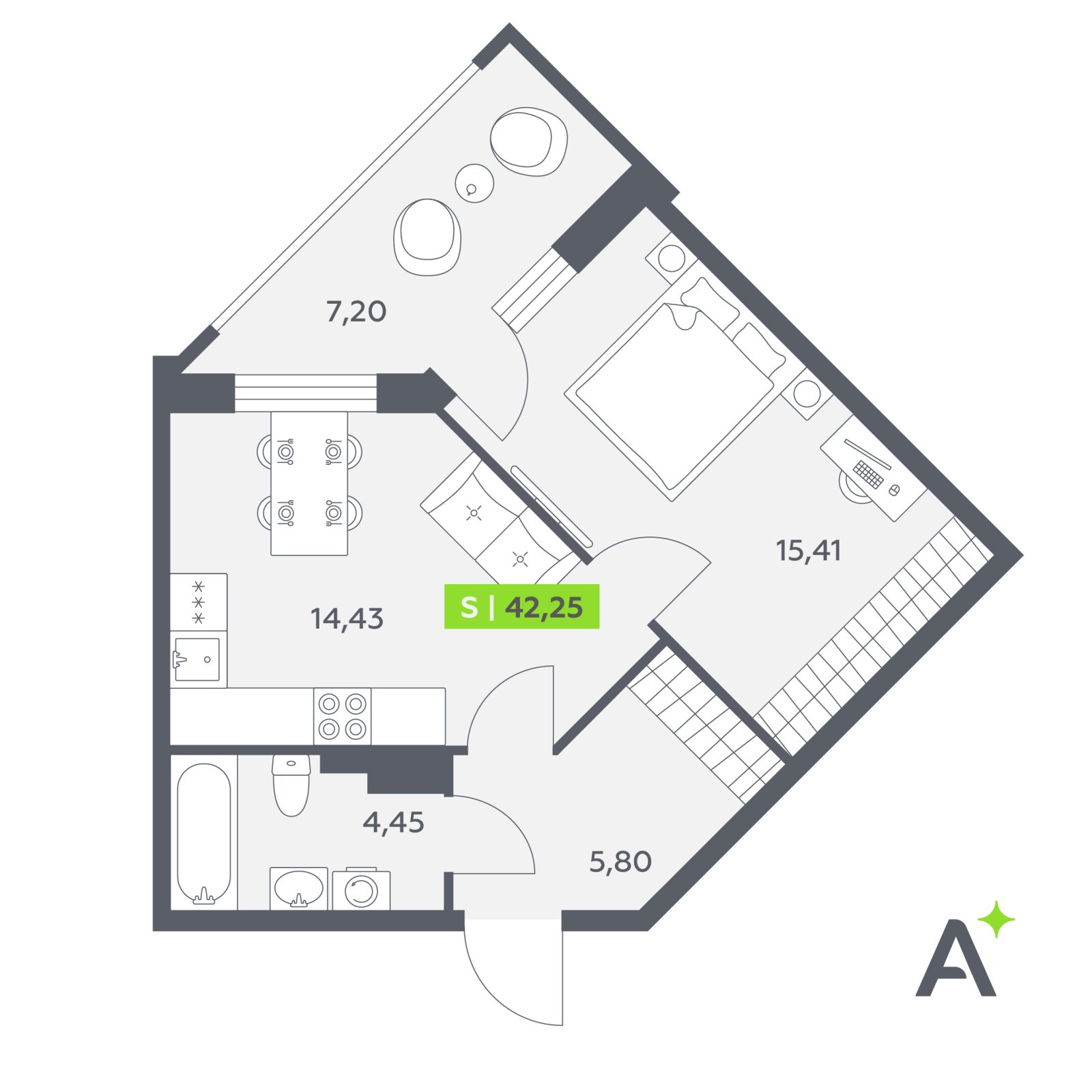 Планировка: 2-комнатная квартира, 42,3 м²
