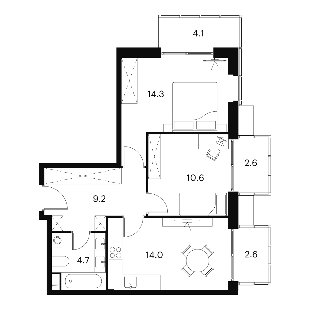 Планировка: 2-комнатная квартира, 62,1 м²