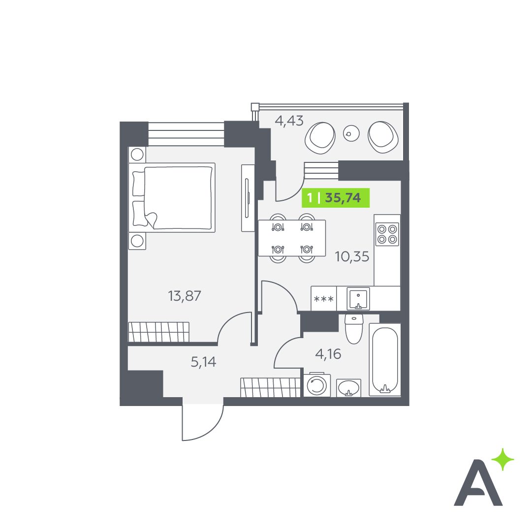 Планировка: 1-комнатная квартира, 35,7 м²