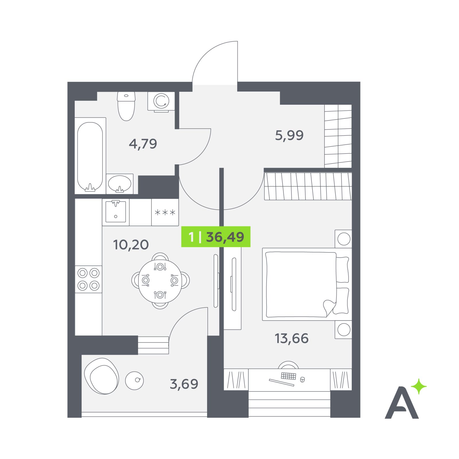 Планировка: 1-комнатная квартира, 36,5 м²