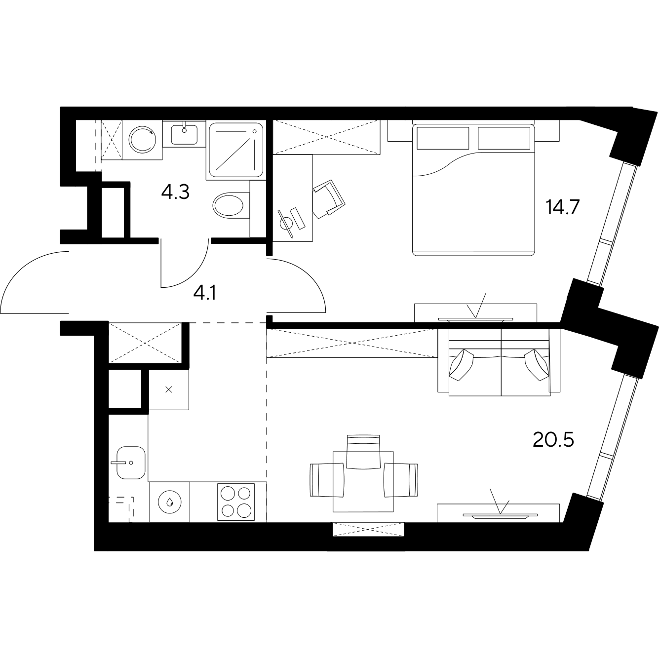 Планировка: 2-комнатная квартира, 43,6 м²