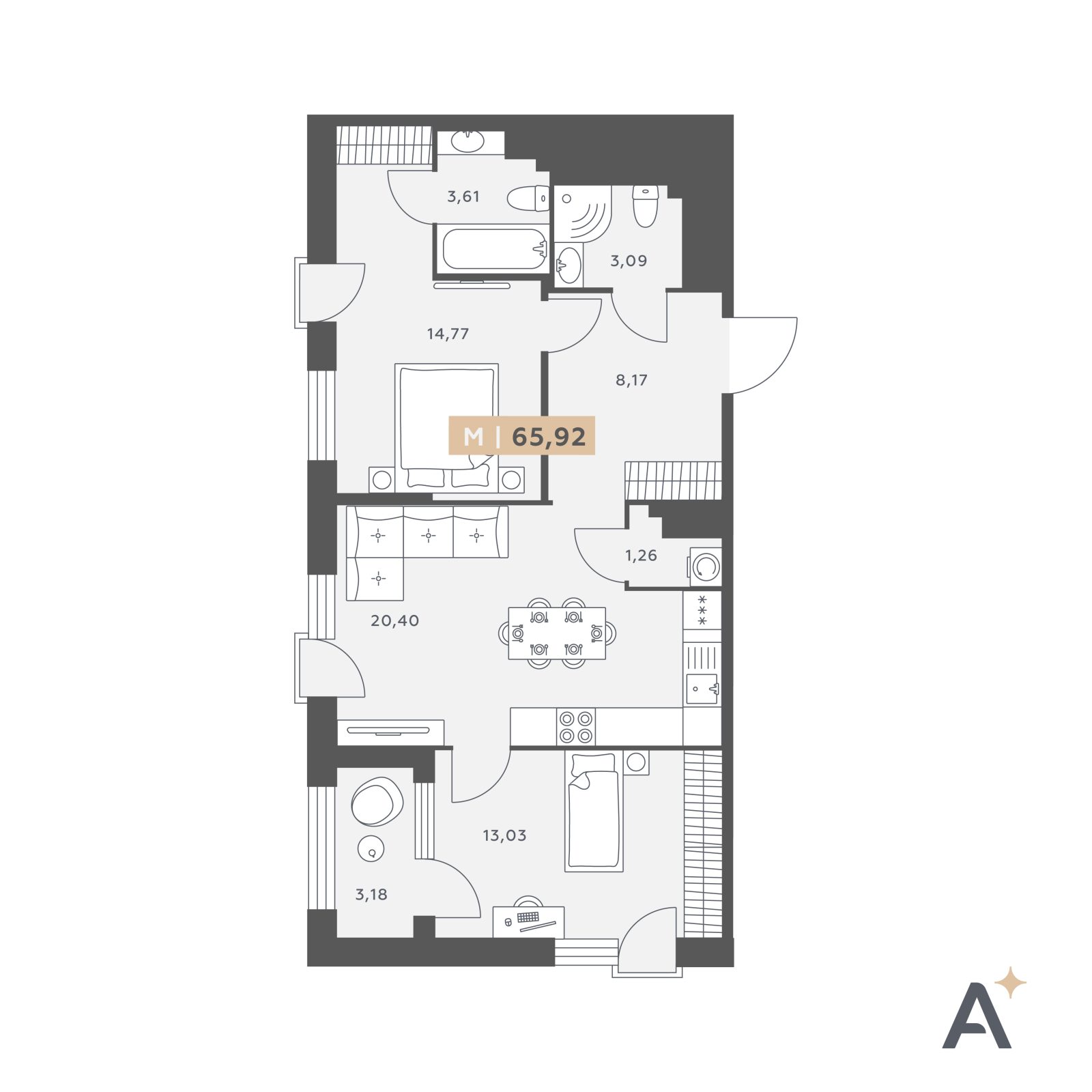 Планировка: 3-комнатная квартира, 65,9 м²