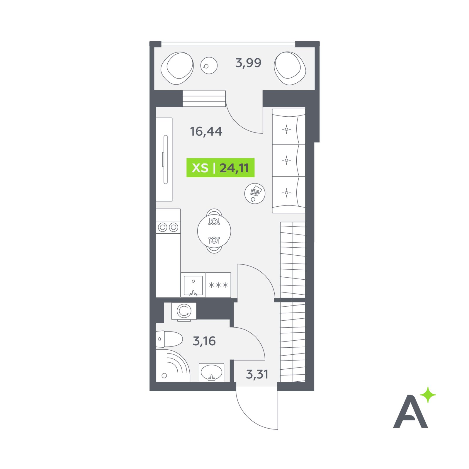 Планировка: студия, 24,1 м²