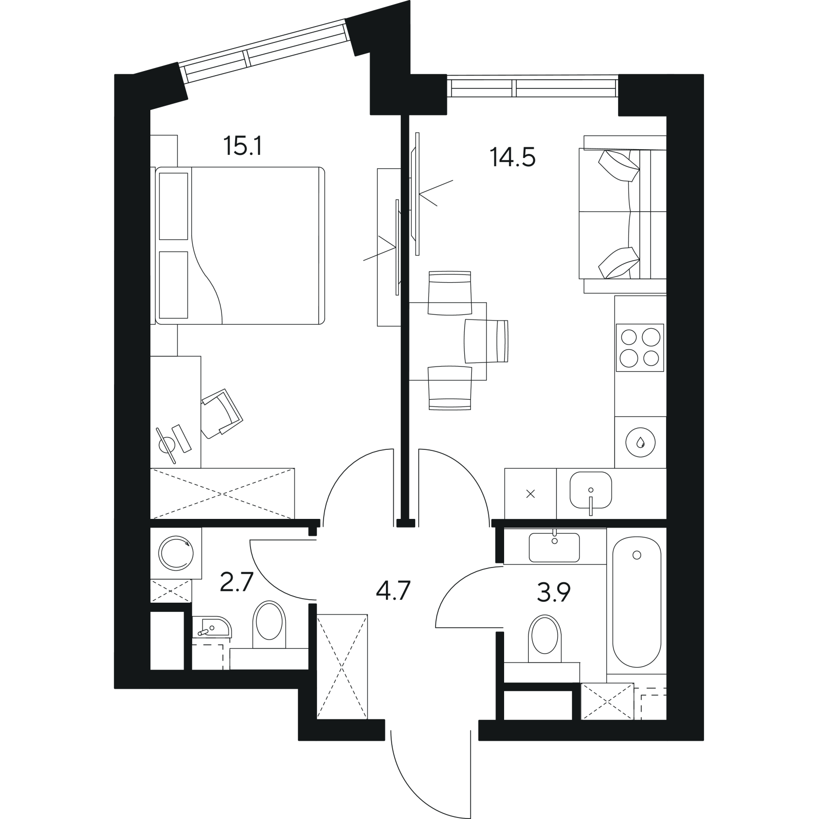 Планировка: 1-комнатная квартира, 40,9 м²