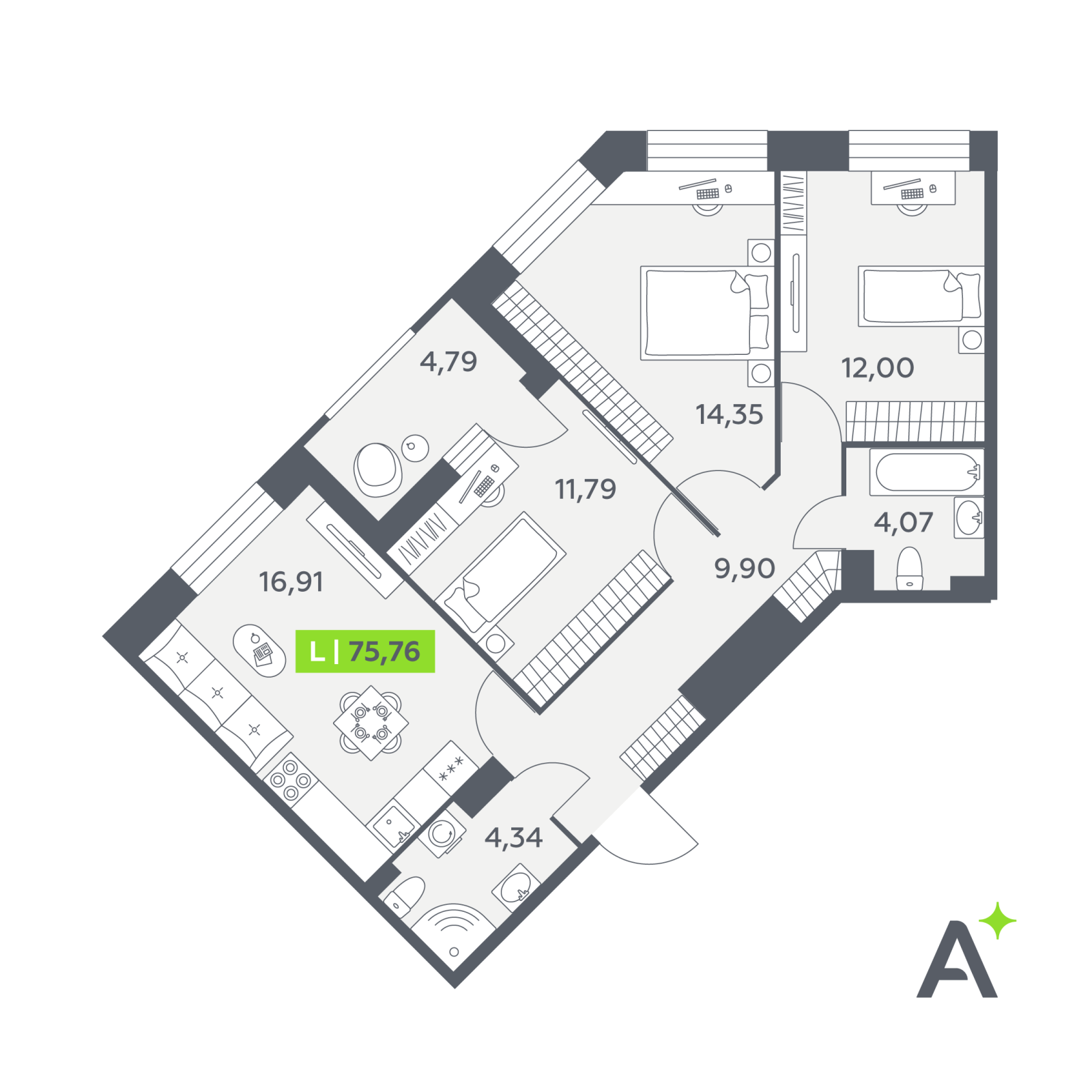 Планировка: 4-комнатная квартира, 75,8 м²