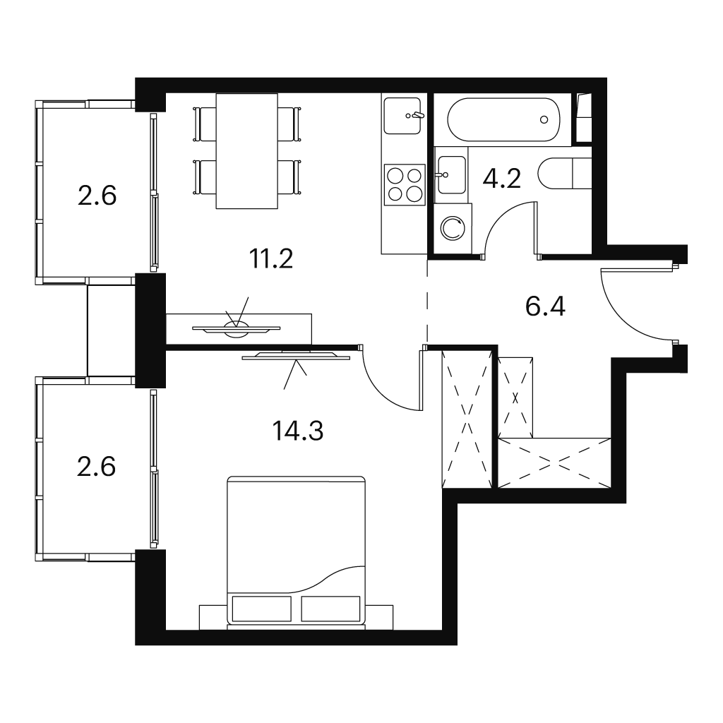 Планировка: 1-комнатная квартира, 41,3 м²