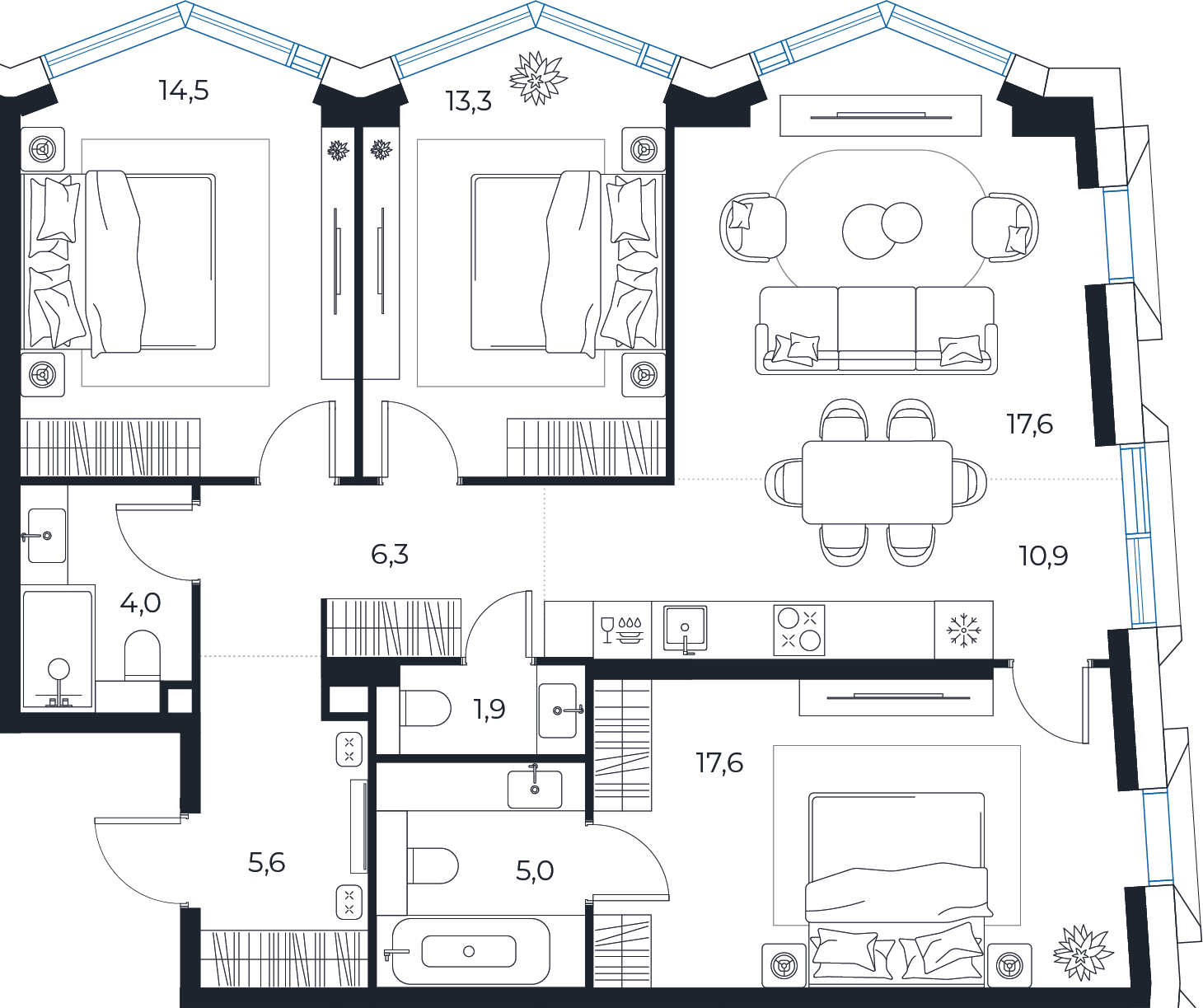 Планировка: 3-комнатная квартира, 96,7 м²